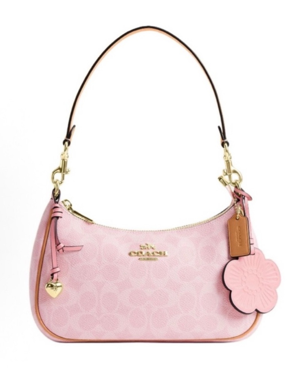 New Coach Teri Shoulder Bag Signature Canvas With Charms Gold/Powder Pink CEA20